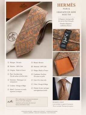 Hermes Orange and Brown Patterned Silk Tie